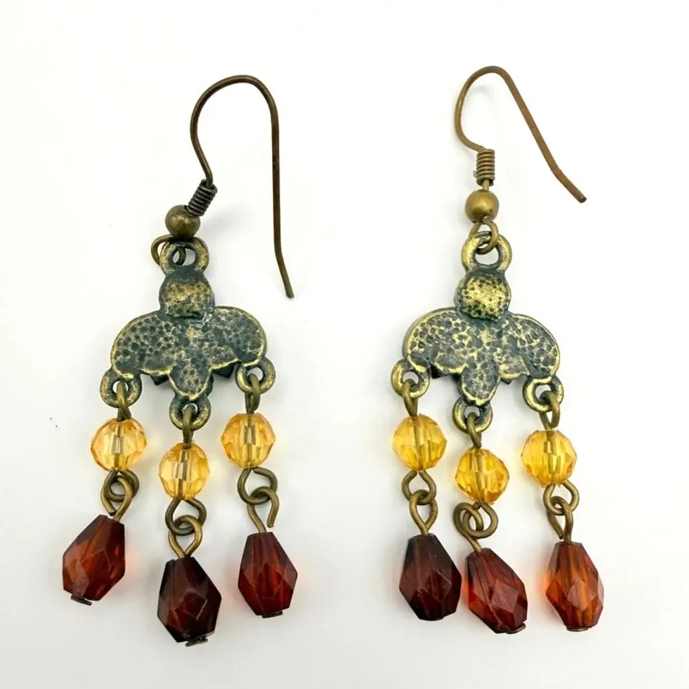 Lot of 3 Vintage Victorian Style Brass Boho Crystal Chandelier Dangle Earrings
